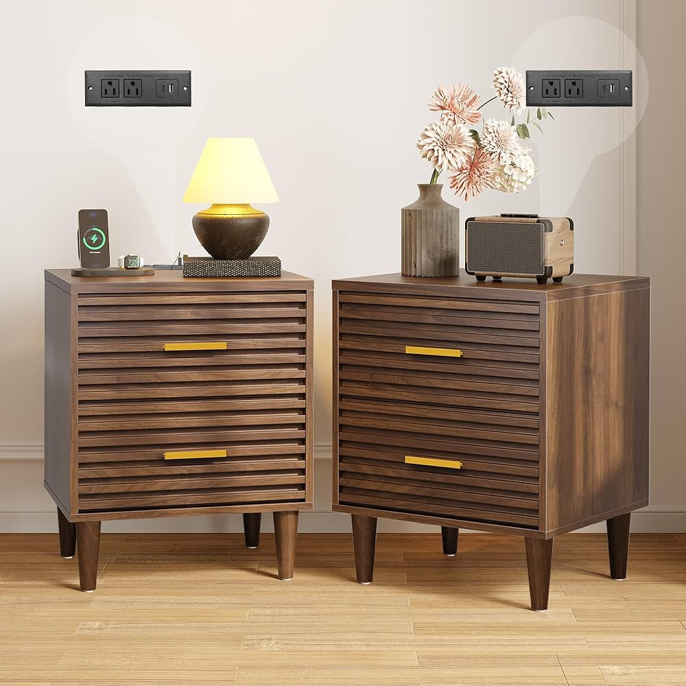 Alohappy Night Stands with Charging Station Set of 2, Mid Century Modern Nightstands, Wooden Beds... | Amazon (US)