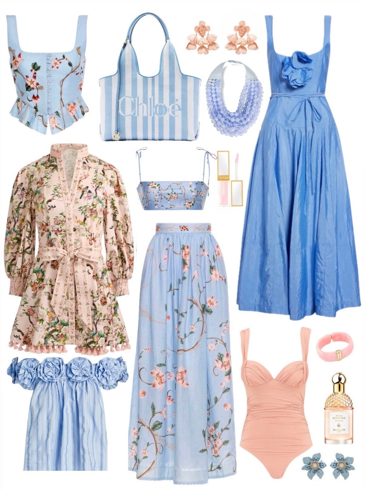 Love this mix of breezy blues and peachy pinks 💙 summer outfit ideas 2026 summer dresses spring dresses vacation outfit chinoiserie dress chinoiserie top floral dress bird dress ruffle tops Zimmerman graduation dress blue dress blue and white outfits classic timeless style