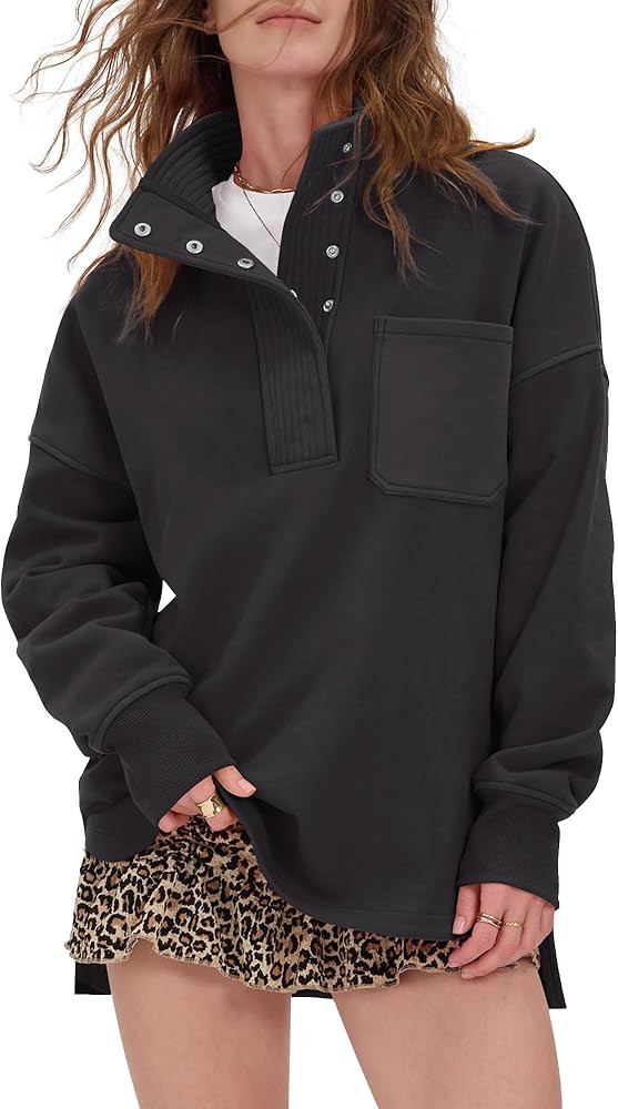 Locachy Womens Casual Oversized Sweatshirt Long Sleeve Button Henley Neck Pullover Tops Fashion O... | Amazon (US)
