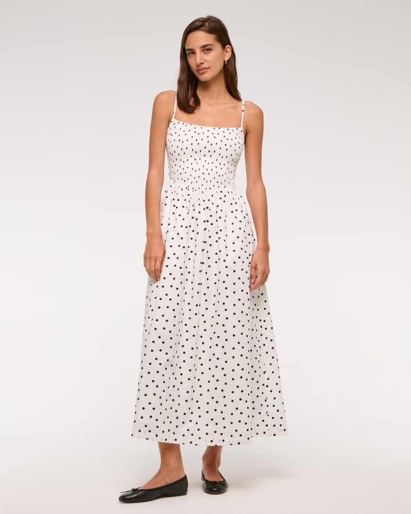 Dipped-Waist Smocked Midi Dress | Abercrombie & Fitch (US)