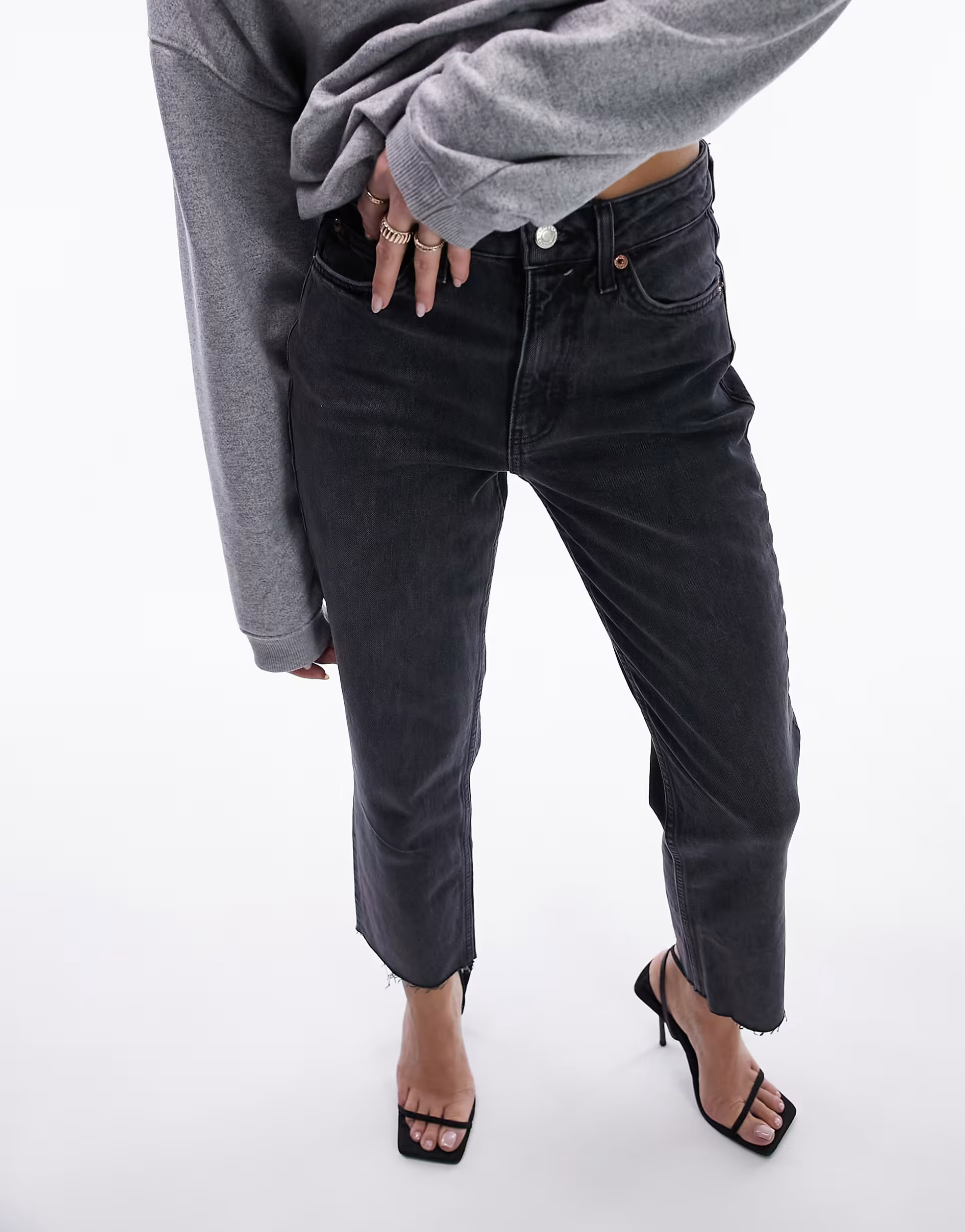 Topshop mid rise straight jeans with raw hem in washed black | ASOS (Global)