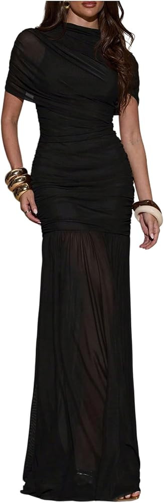 GORGLITTER Women's Mesh Bodycon Maxi Dress Ruched Asymmetrical Wedding Guest Formal Prom Birthday... | Amazon (US)