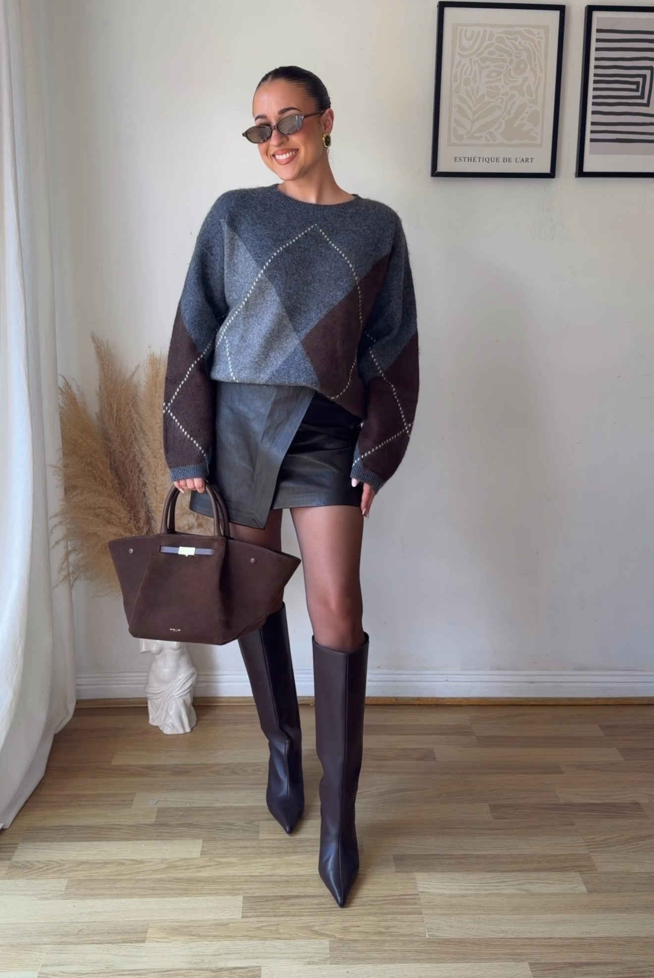 Autumn outfit 🤎🍂 lovee this argyle knit! And the skirt is such a good A/W staple 

knee high boots, brown bag, mohair argyle knit, brown tights 

 #LTKuk #LTKautumn #LTKstyletip
