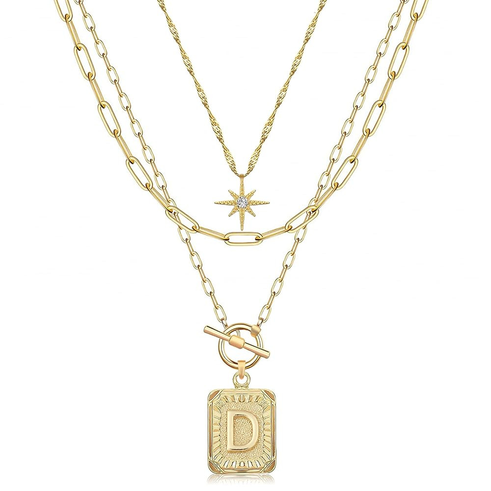 MJartoria Layered Initial Necklaces for Women Trendy, 14K Gold Plated Simple Star Choker Square L... | Amazon (US)