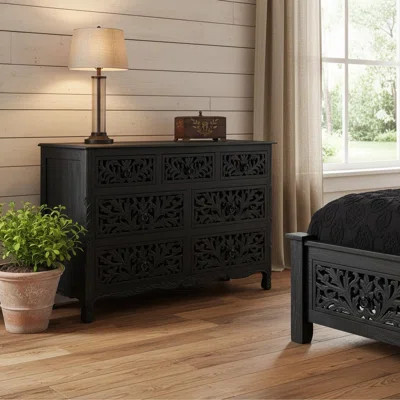 57" Black Solid Wood Seven Drawer Dresser | Wayfair North America