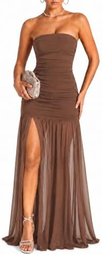 ENOPINK Women's Sexy Tube Mesh Ruched Bodycon Wedding Guest Maxi Dresses | Amazon (US)