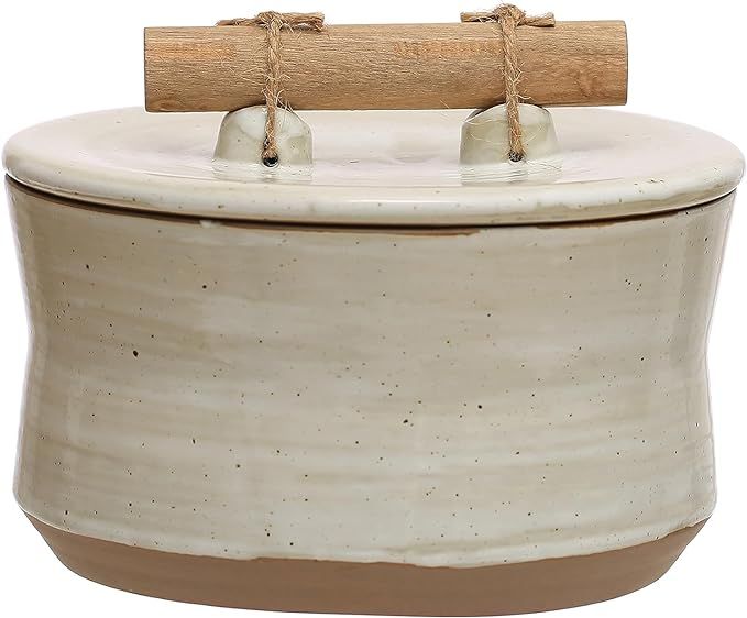 Bloomingville 6.75 Round Stoneware Lid and Pine Wood and Jute Handle in Reactive Glaze, Beige Can... | Amazon (US)