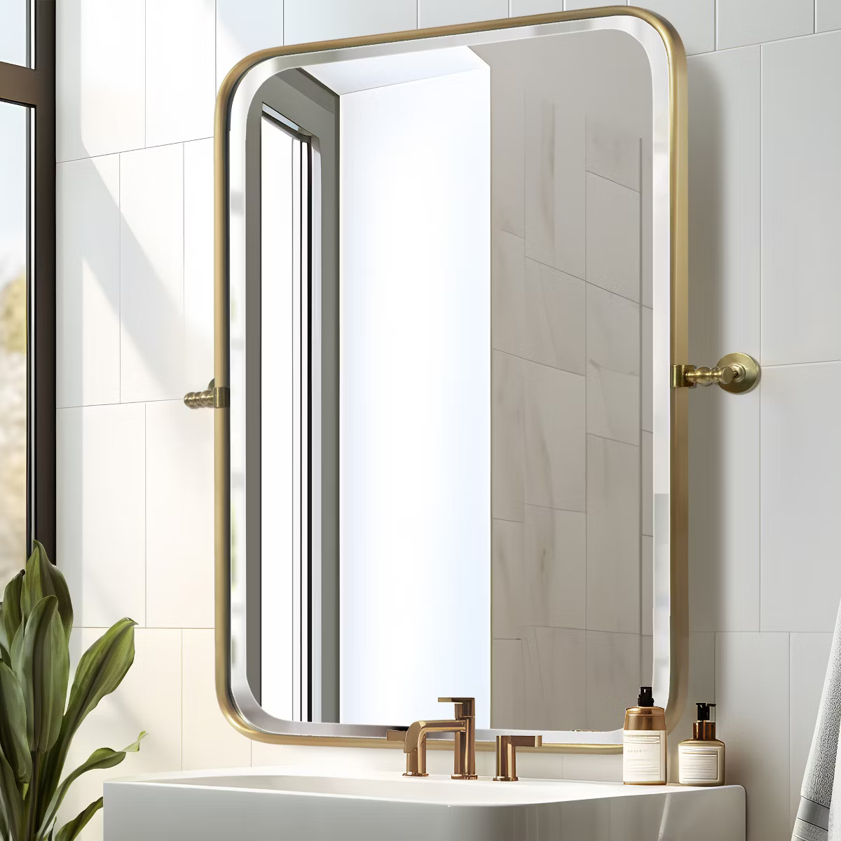 Dovelina Rectangular Metal Frame Pivot Decorative Wall Mirror with Rounded Corners - 36"x24",Gold | Target