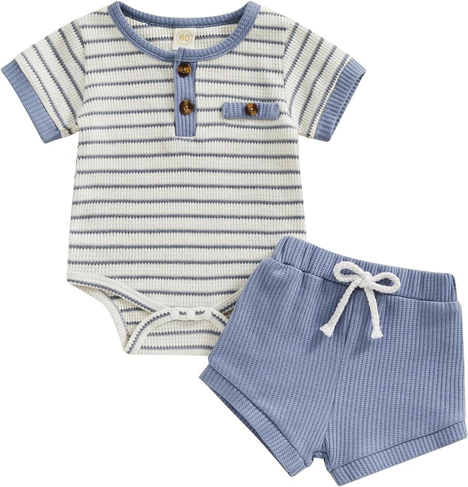 Kuriozud Newborn Baby Boy Summer Clothes Button Short Sleeve Romper Bodysuit Shorts Set Toddler S... | Amazon (US)