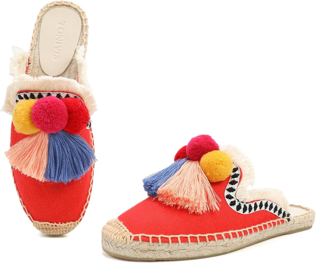 Women's Mule Flat Shoes with Tassel & Pompom, Espadrilles Slides Backless Slipper Slip on Shoes | Amazon (US)