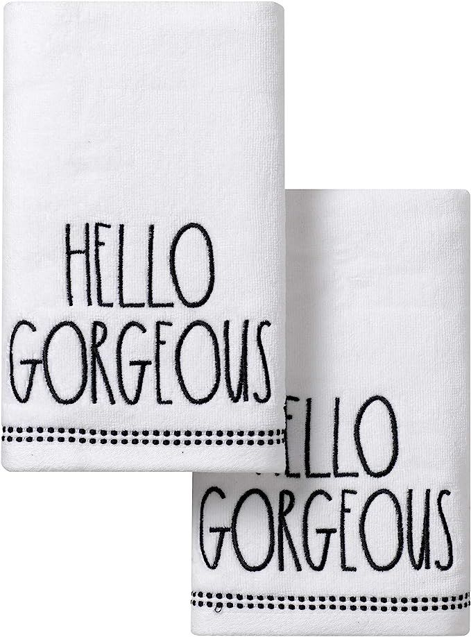 Rae Dunn by Magenta White Velour Hand Towels - Set of 2 Embroidered with HELLO GORGEOUS - For Bat... | Amazon (US)