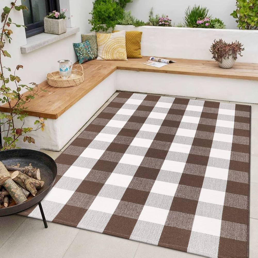 KIMODE Buffalo Plaid Rug 4'x 6'Brown and White Washable Outdoor Indoor Rug Cotton Hand-Woven Chec... | Amazon (US)