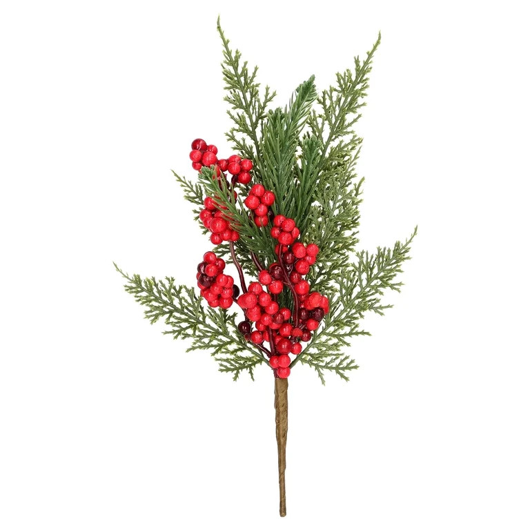 Evergreen and Red Berry Decorative Christmas Pick, 11", by Holiday Time | Walmart (US)