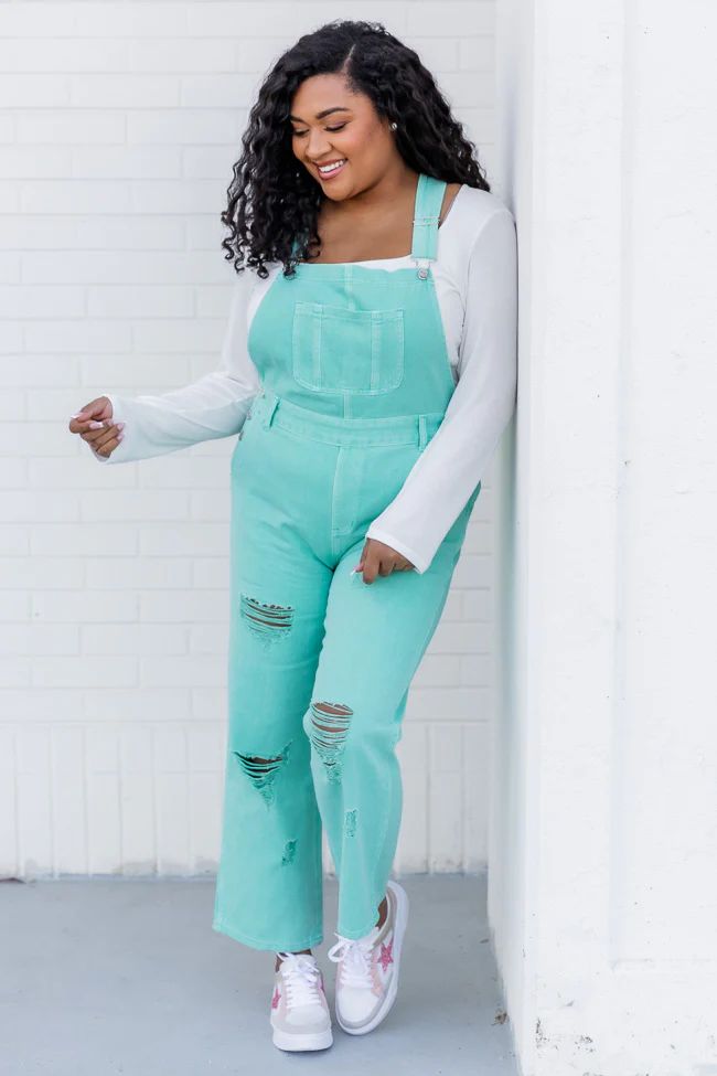 Just A Normal Girl Mint Distressed Straight Leg Denim Overalls | Pink Lily