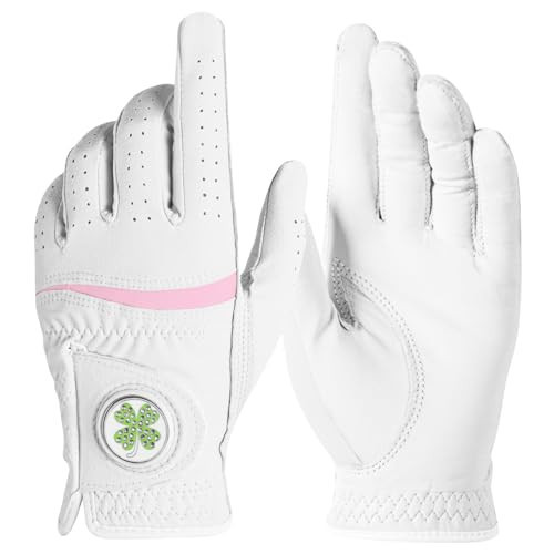 Womens Golf Glove with Clover Ball Marker 1 Pack, All Weather Grip Microfiber & Leather Gloves for Ladies, Comfortable Breathable Fit for Left Hand or Right Hand in White Pink (White, Medium, Left) | Amazon (US)