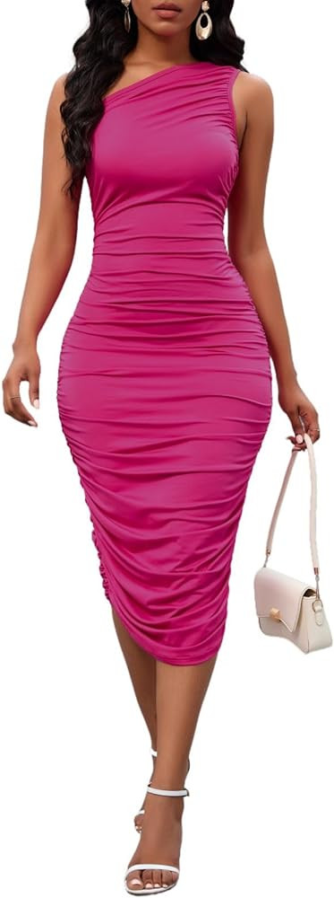 Women's Sexy One Shoulder Dresses Sleeveless Party Club Ruched Cocktail Wedding Guest Bodycon Mid... | Amazon (US)