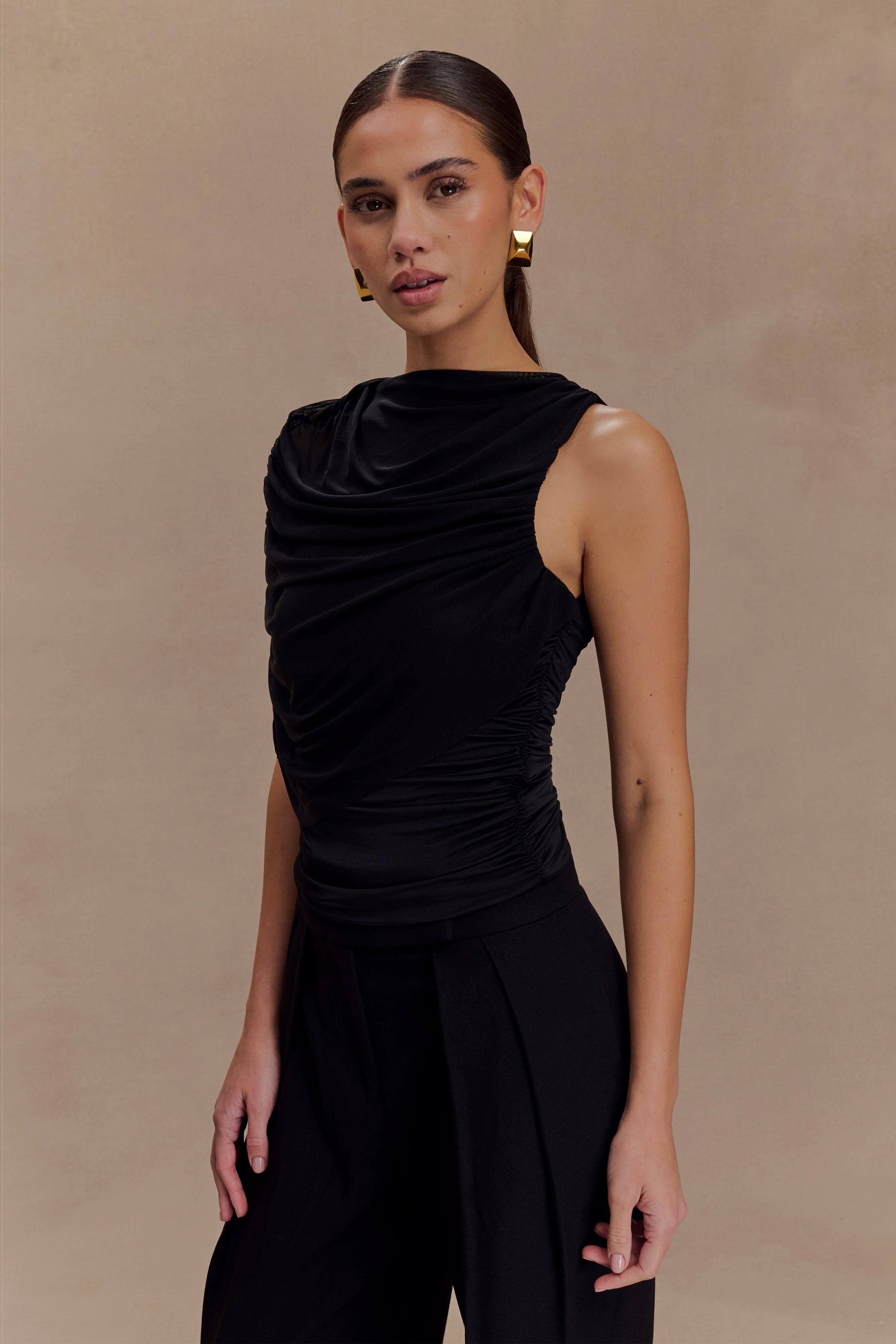 Pruedance Slinky Draped Top With Mesh Overlay - Black | Meshki (APAC)