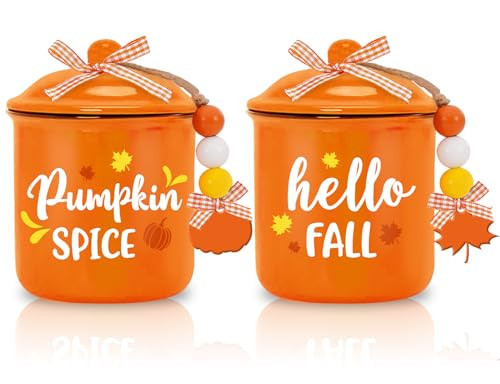 Whaline 2Pcs Fall Mini Ceramic Canister Hello Fall Pumpkin Spice Mini Jar Orange Candy Holder with Lid Plaid Bow Autumn Tiered Tray Decor for Fall Thanksgiving Table Home Kitchen Storage Accessory | Amazon (US)
