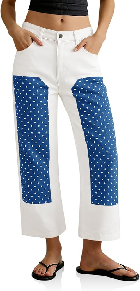 Tankaneo Womens Cropped Jeans Polka Dot Casual High Waisted Patchwork Straight Leg Denim Pants wi... | Amazon (US)