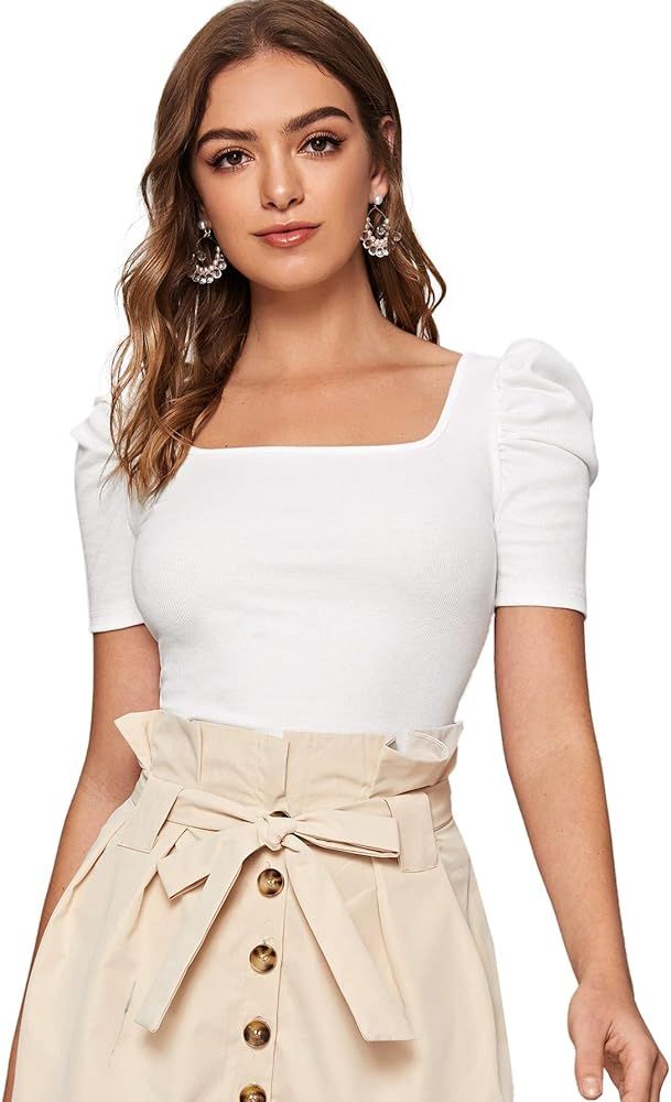 WDIRARA Women's Elegant Puff Short Sleeve Knit Summer Square Neck T-Shirt Tops | Amazon (US)