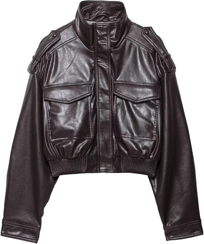 FindThy Women’s Cropped Faux Leather Jacket Vintage Stand Collar Long Sleeve Zip Up Fall Fashio... | Amazon (US)