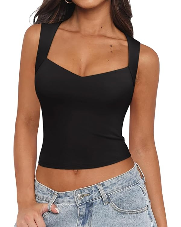 REORIA Women's Sexy V Neck Crop Tank Top Y2K Slim Going Out Top Double Lined Basic Shirt | Amazon (US)