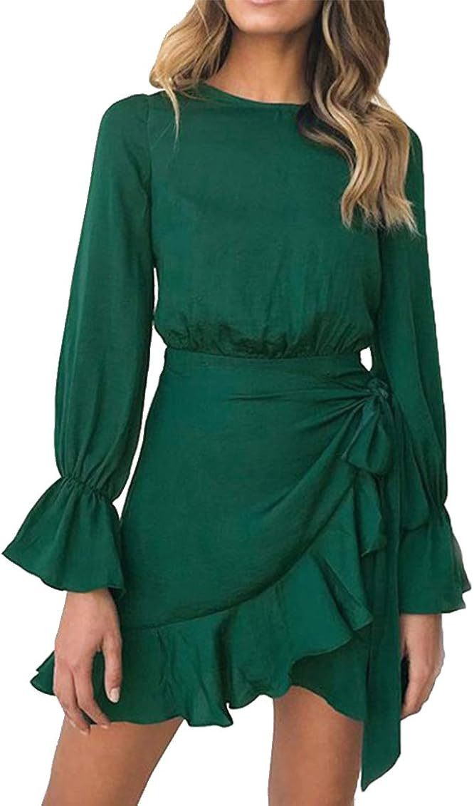 WEEPINLEE Womens Long Sleeve Round Neck Ruffles Wrap Dresses Party Dress (Dark Green,L) at Amazon... | Amazon (US)