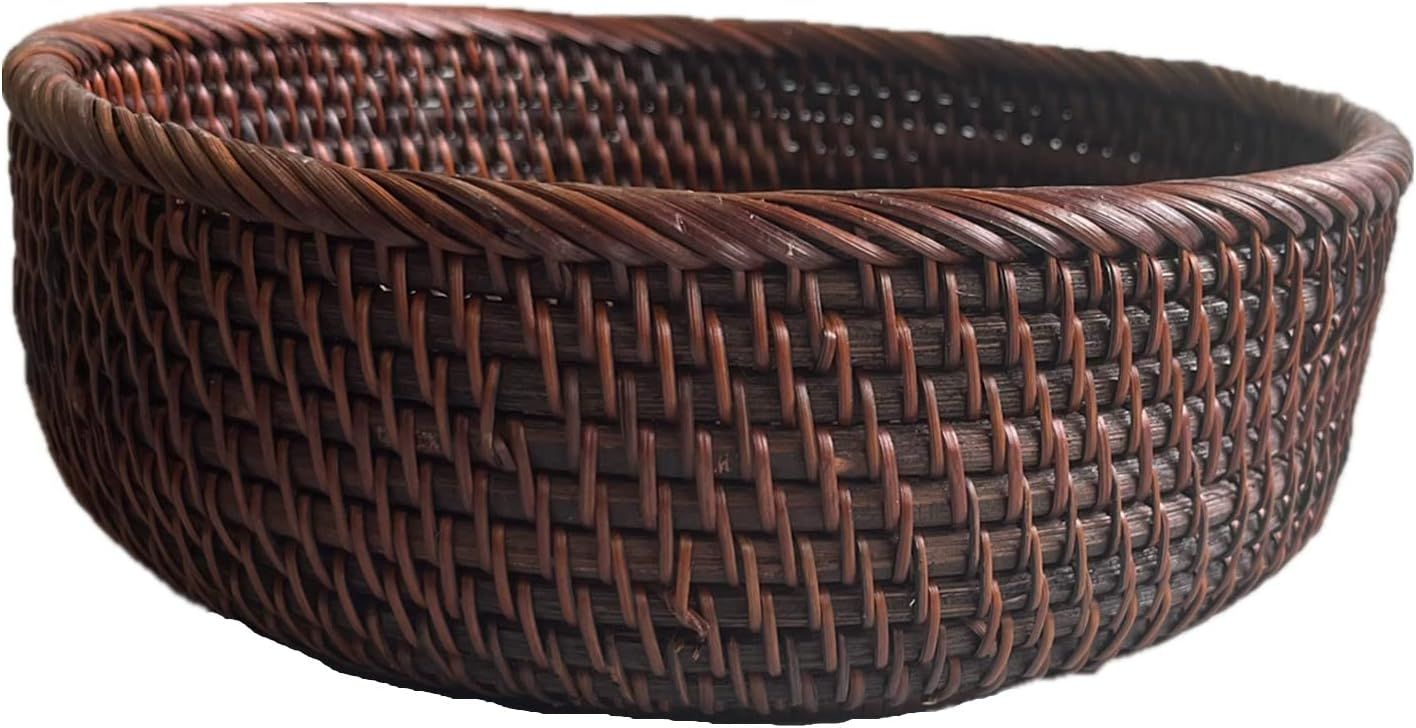 AMOLOLO 9 Inch Round Rattan Bowl Basket, Handmade Wicker Basket Tray with Scalloped Edge and 3”... | Amazon (US)