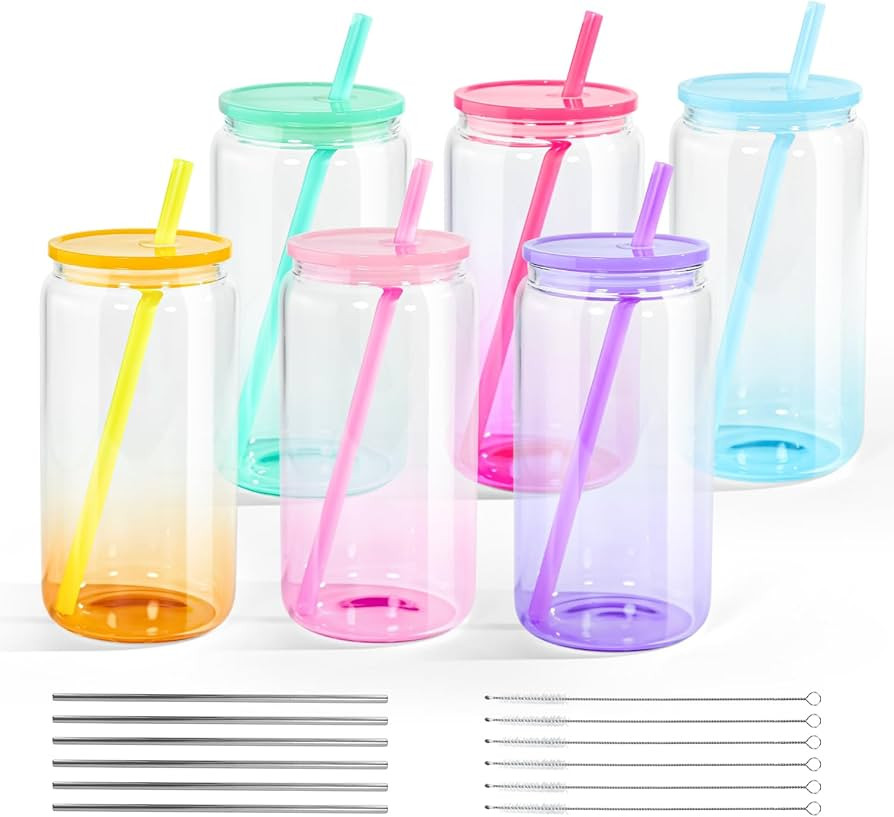 AGH 6 Pack Gradient Sublimation Glass Blanks, 16 oz Sublimation glass Cups with Lids and Straws, ... | Amazon (US)