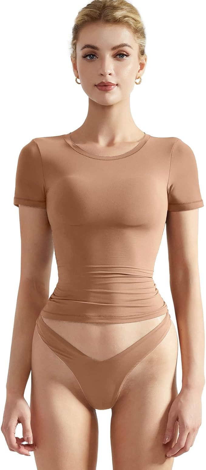 SUUKSESS Women Double Lined Fitted Basic Tee Crew Neck Short Sleeve Y2K Crop Top | Amazon (US)