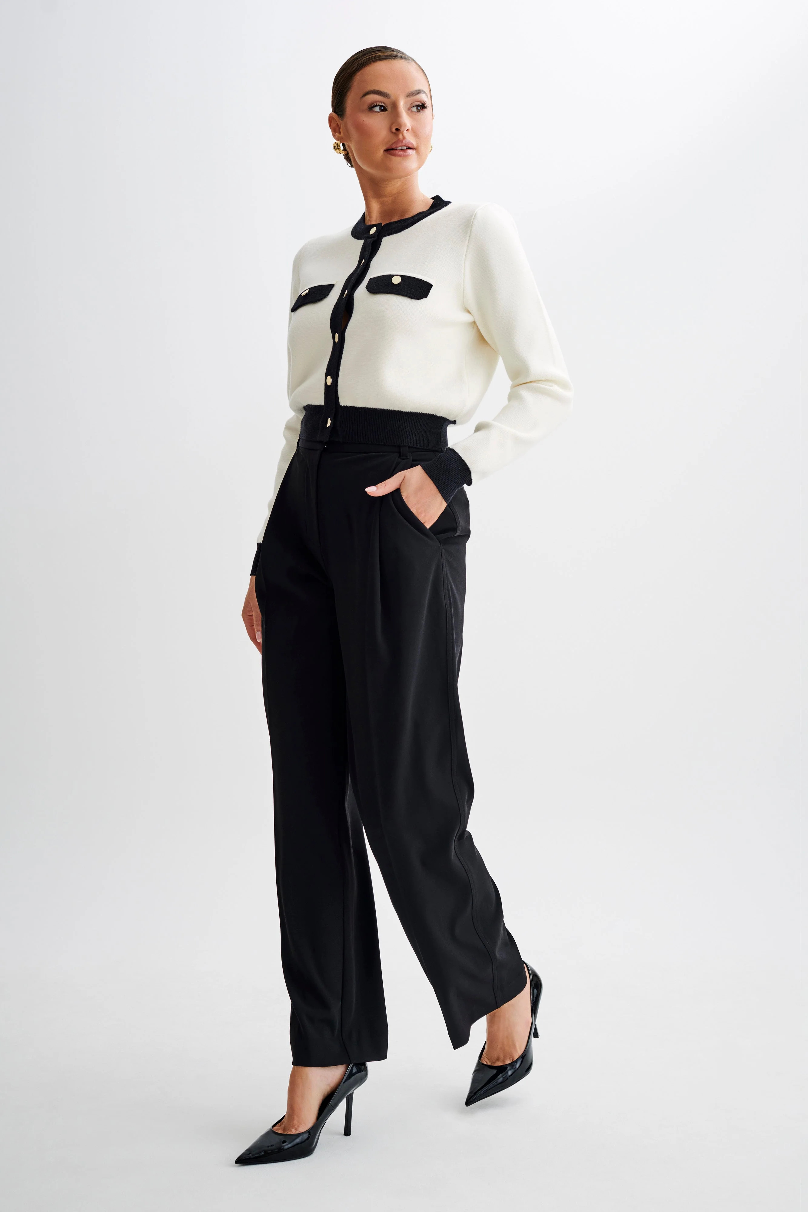 Tabitha Contrast Knit Cardigan - Ivory | MESHKI US