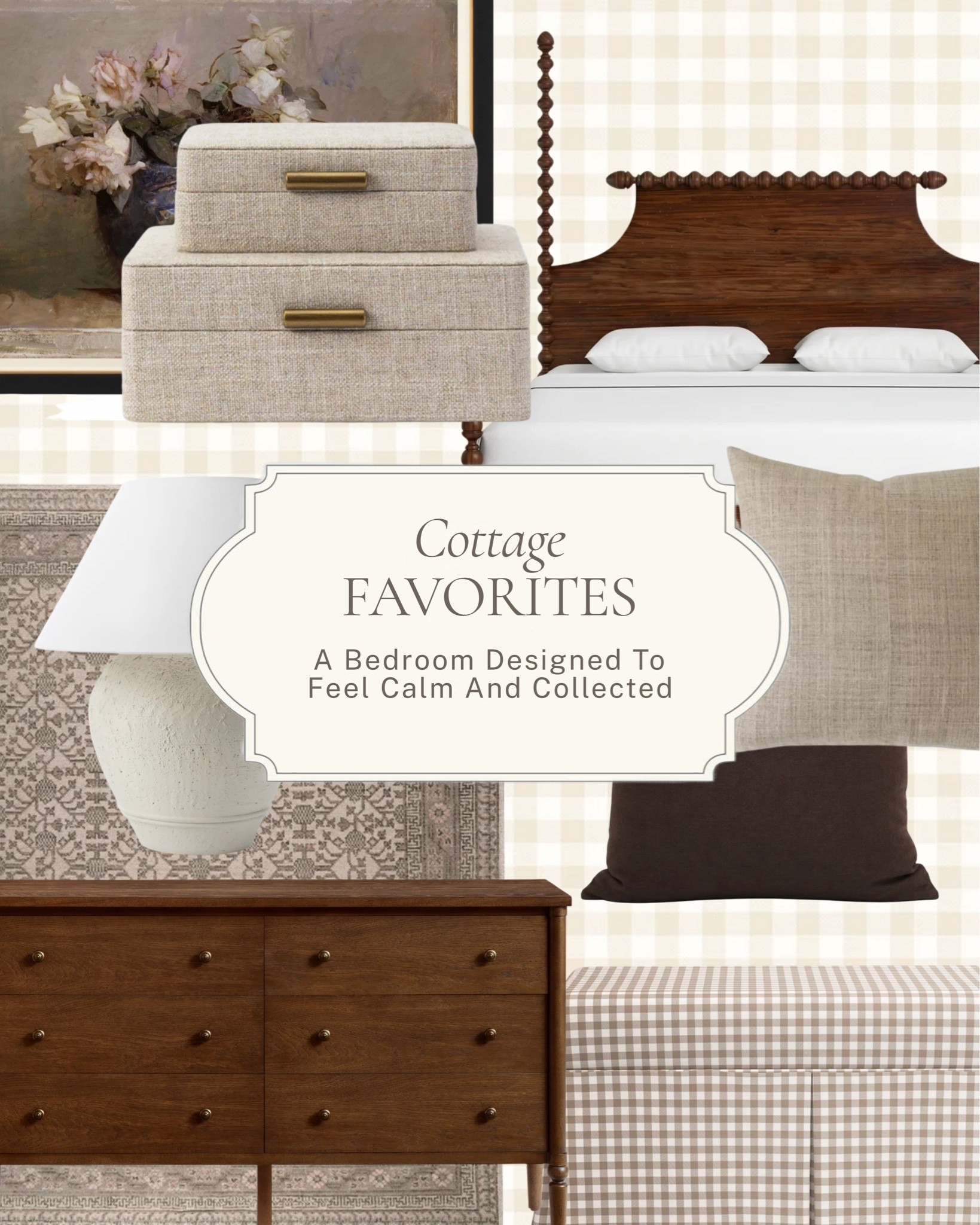 A bedroom designed to feel calm and collected. A warm wood headboard and dresser, linen boxes with brass hardware for the everyday clutter, and a mix of gingham and solid pillows that keeps it soft without tipping into fussy.

Shop the pieces here! #LTKhome