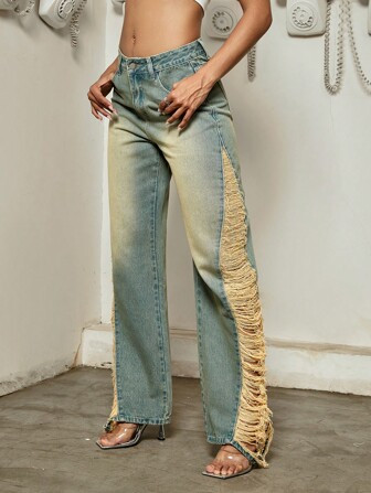 Vintage schuine zak gescheurde jeans met rechte pijpen | SHEIN