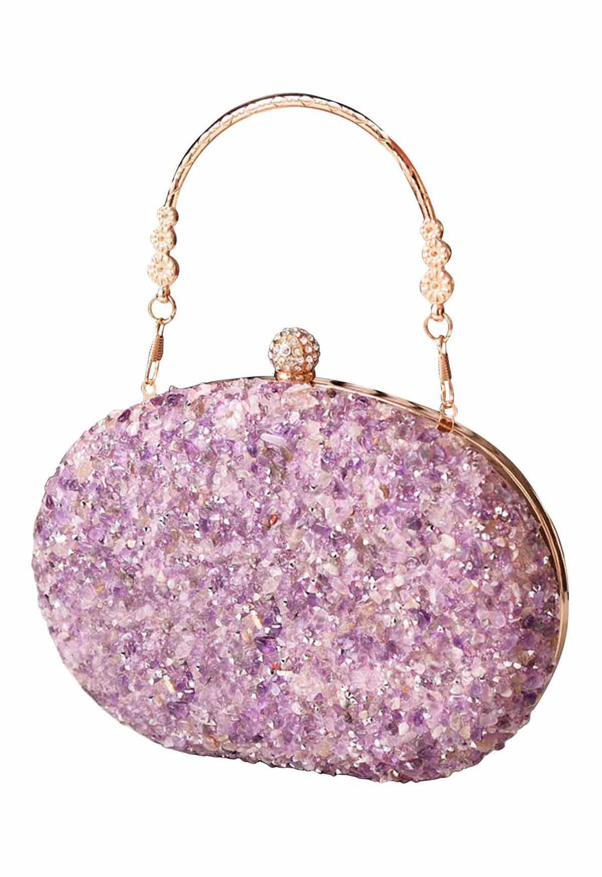 Full Beaded Rhinestone Oval Clutch in Purple | Chicwish