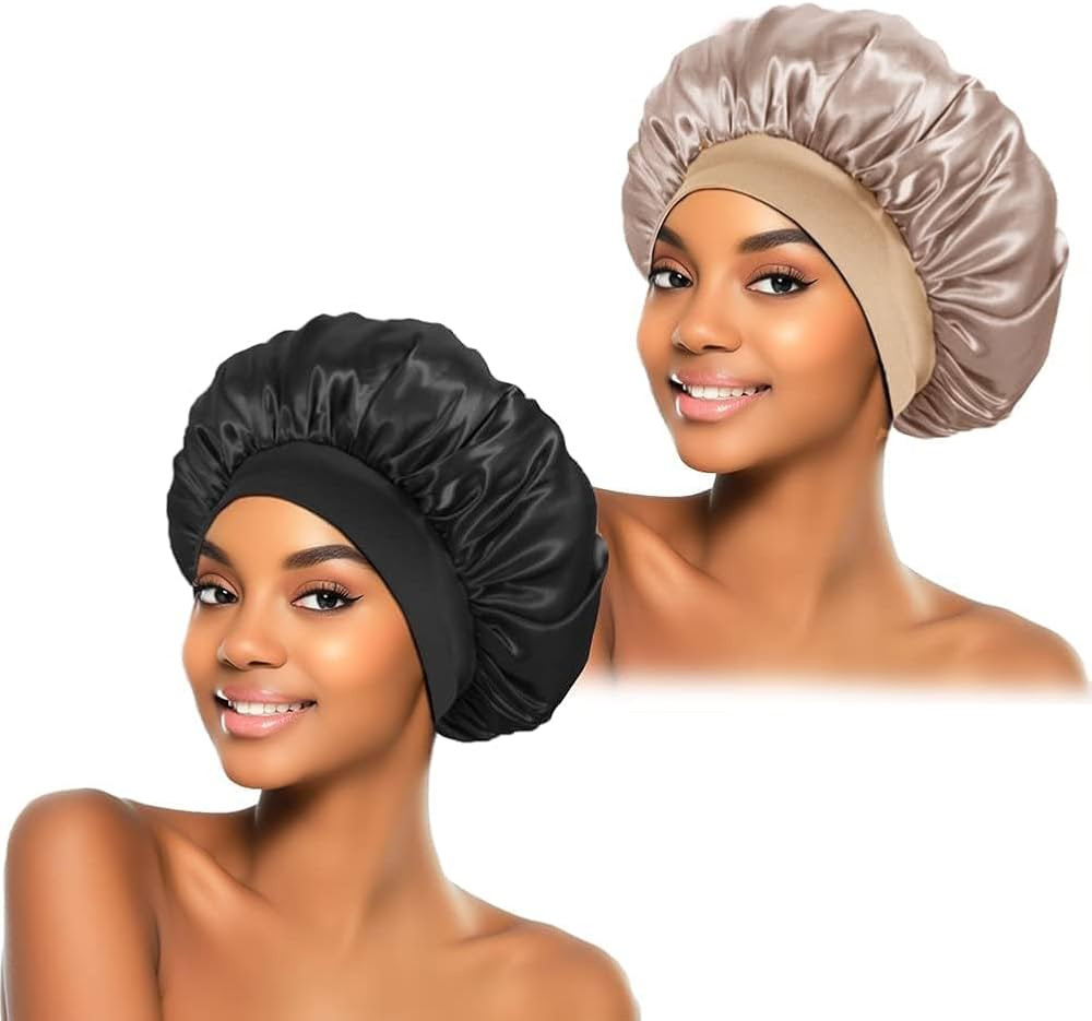 2Pcs Silk Bonnet for Sleeping, Satin Hair Bonnets, Soft Elastic Band Silk Sleep Cap, Hair Wrap for Women (Black Gold) | Amazon (US)
