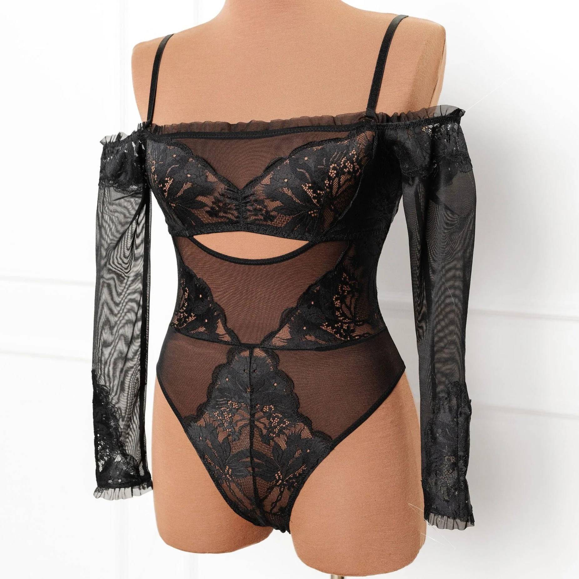 Lace & Mesh Off-The-Shoulder Crotchless Teddy - Black | Mentionables