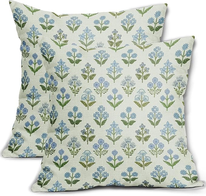 Sivirary Blue Green Block Print Pillow Covers 24x24 Inch Set of 2, Vintage Floral Spring Decorati... | Amazon (CA)