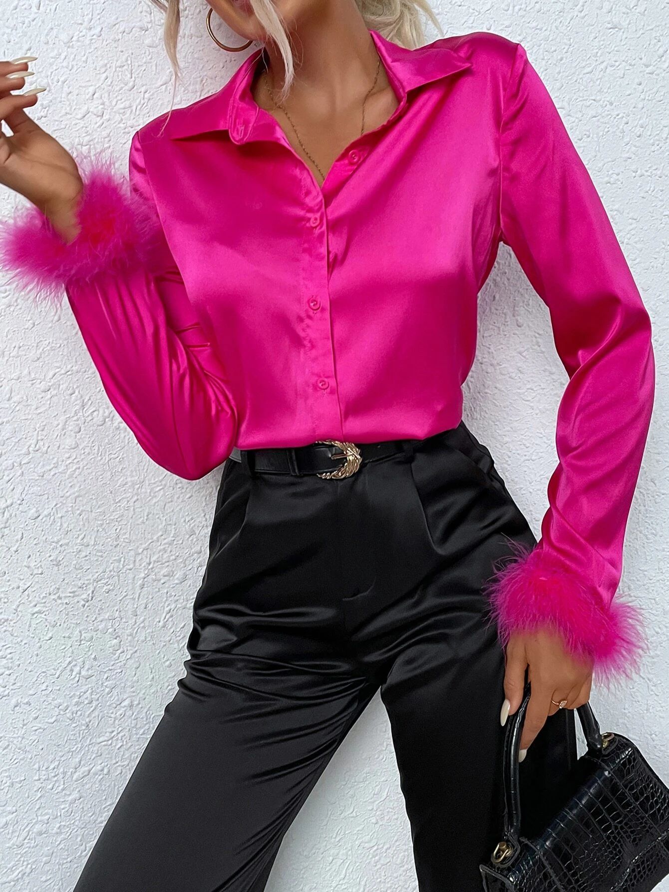 SHEIN BAE Fuzzy Cuff Satin Shirt | SHEIN