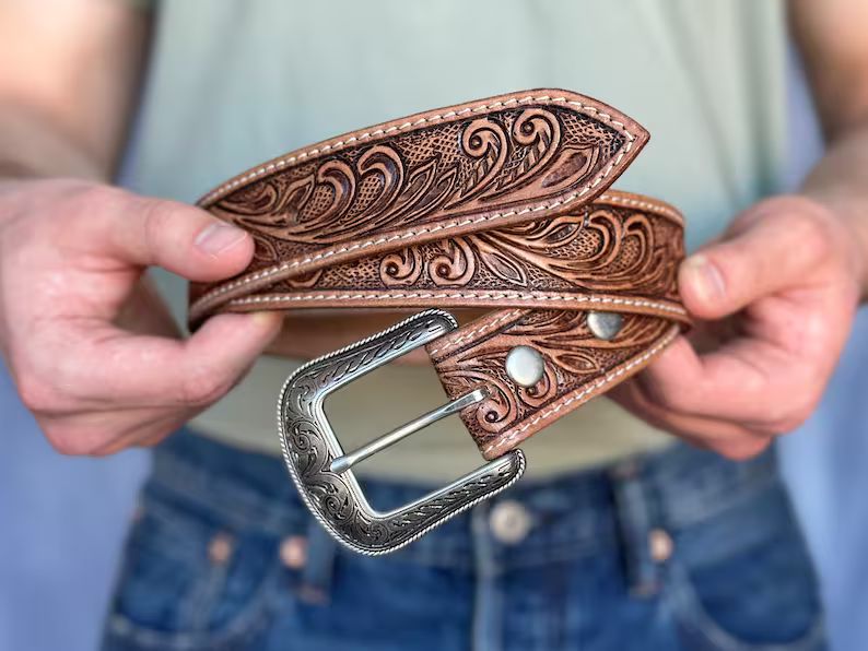 Handmade Genuine Full Grain Leather Tooled Men's Belt Heavy Duty Western Belt With Buckle 1 1/2in... | Etsy (US)