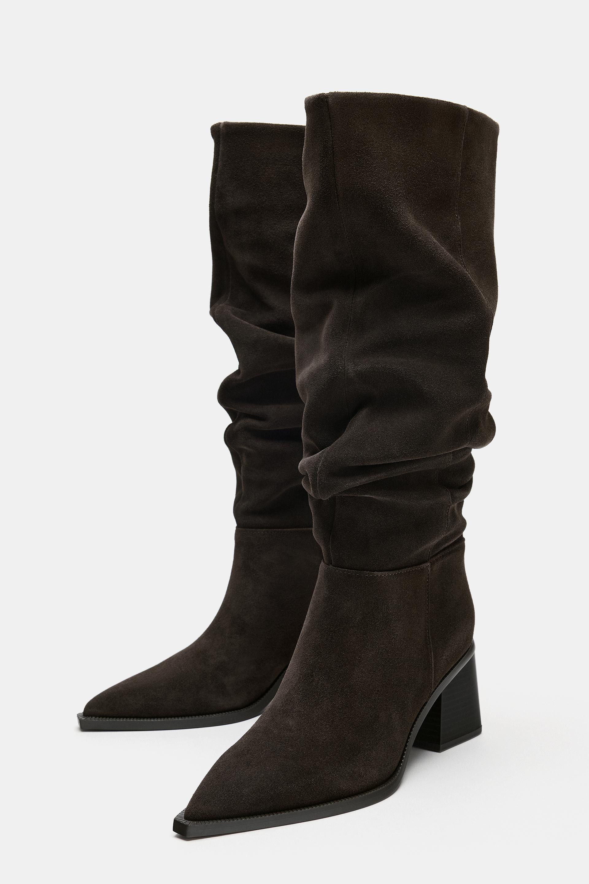 Zara - Ruched Suede Boots - Brown - 5 - Woman | Zara US