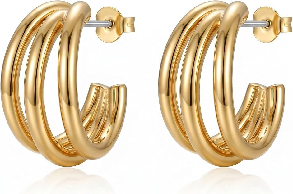 14K Gold Plated Large Triple Row C-Hoop Earrings for Women, Chunky Gold Hoop Earrings with Surgic... | Amazon (US)