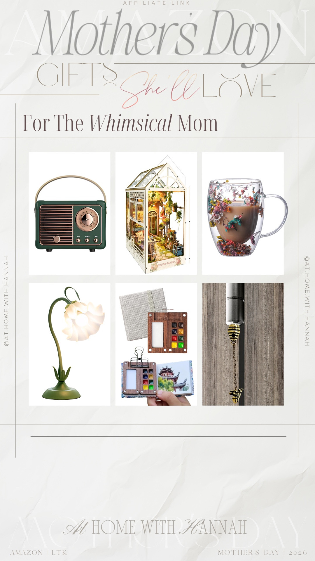 whimsical gifts for mom • Mother’s Day gift ideas • unique Amazon gifts

For the mom who loves charming, creative, and slightly unexpected little finds, this whimsical gift guide is full of pieces that feel thoughtful and fun. Think cozy garden-inspired decor, pretty mugs, creative hobby finds, soft lighting, and gifts that feel a little more personal than the usual Mother’s Day idea.

If you’re shopping for:
• whimsical gifts for mom
• quirky decor
• unique Mother’s Day gifts
• creative gifts for mom
• garden-inspired gifts
• cozy gifts for mom
• gifts for moms who love flowers
• artsy gifts for mom
• Amazon gifts for her
• gifts for the mom who has everything

This whimsical mom gift edit is linked here with sweet finds that feel extra thoughtful 🤍



•
•
whimsical gifts for mom • Mother’s Day gift ideas • unique Amazon gifts • creative gifts for mom • garden inspired gifts • cozy gifts for mom • gifts for moms who love flowers • artsy gifts for mom • floral mug • flower lamp • retro radio speaker • book nook kit • watercolor painting kit • bee wind chime • thoughtful gifts for her

#WhimsicalGifts #MothersDayGiftIdeas #UniqueGiftsForMom #AmazonGiftIdeas #ThoughtfulGifts
#ltkgiftguide #ltkfinds

#LTKHome #LTKMothersDay
