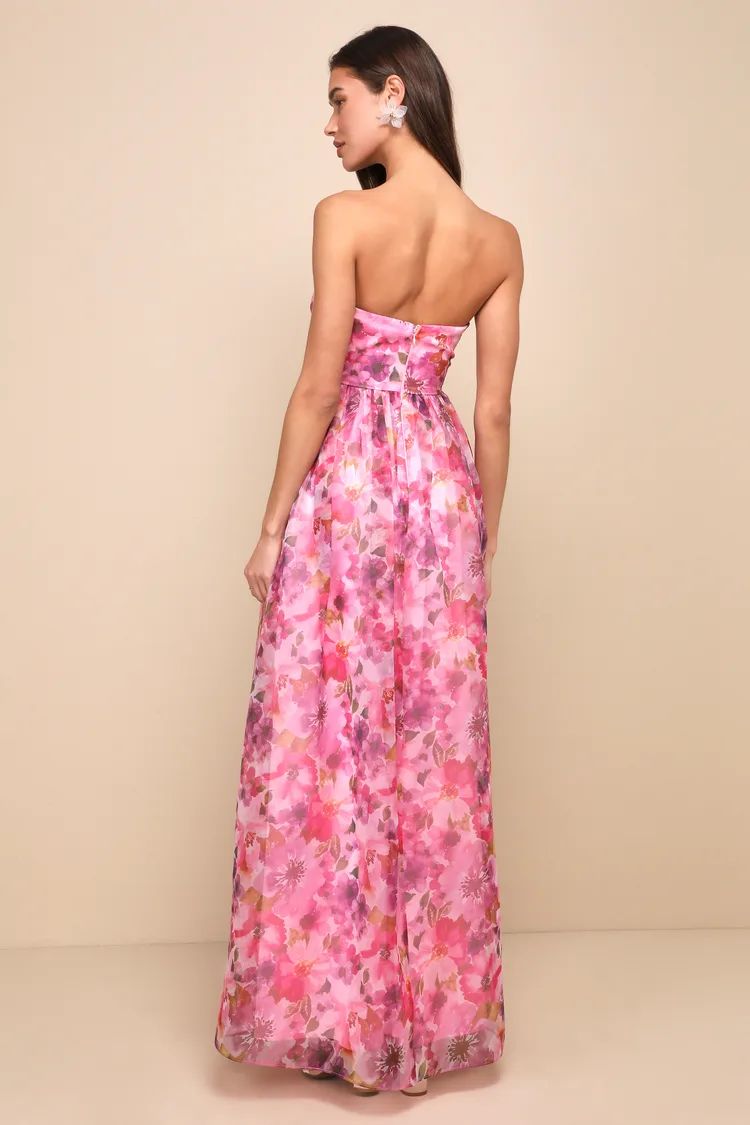 Wonderful Waltz Pink Floral Print Strapless Bustier Maxi Dress | Lulus
