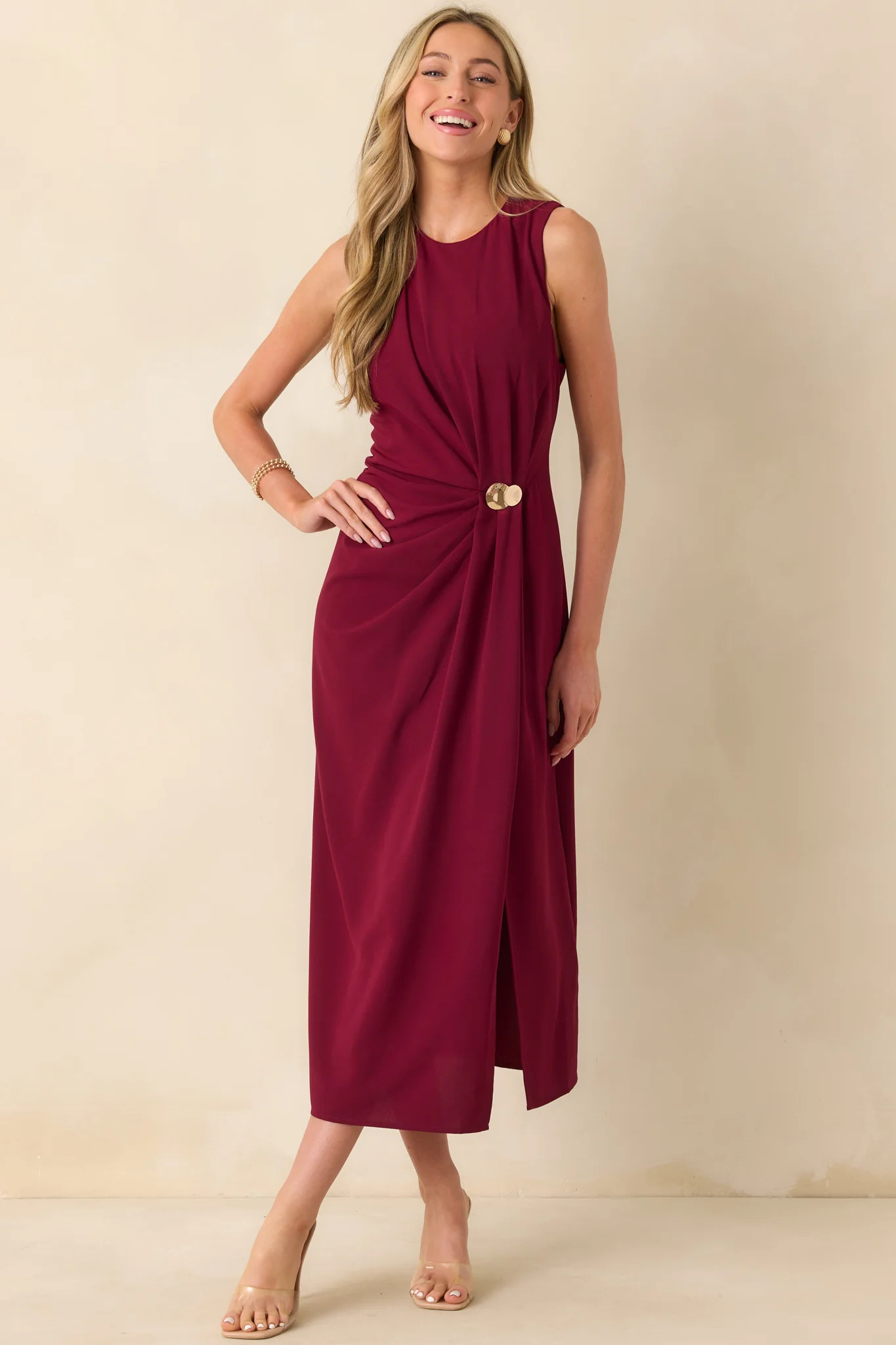 Move With Purpose Burgundy Ruched Maxi Dress | Red Dress