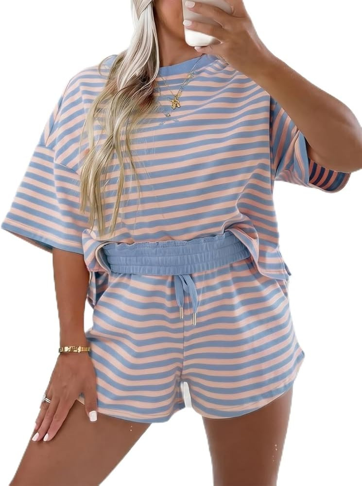 Amazon.com: Ecosunny Womens 2 Piece Lounge Sets Matching Sets Stripe Drop Shoulder Boxy Casual Te... | Amazon (US)