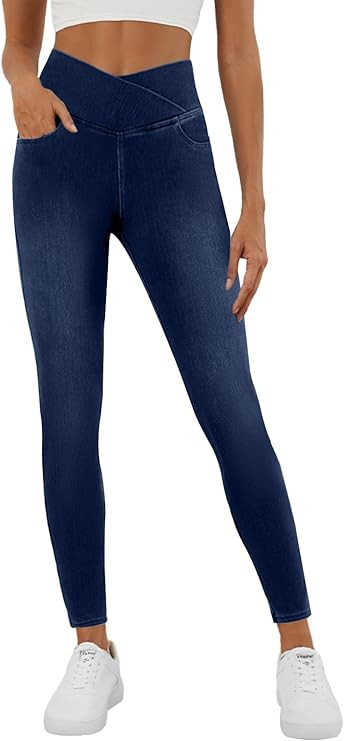 COPYLEAF Stretchy Jeans for Women Trendy Butt Lifting Leggings with Pockets Crossover Waisted Jeg... | Amazon (US)