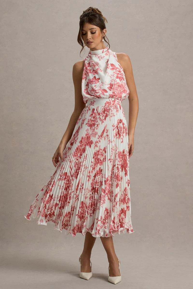 Nila | Pink Porcelain Print Cowl-Neck Midi Dress With Plisse Skirt | Club L London