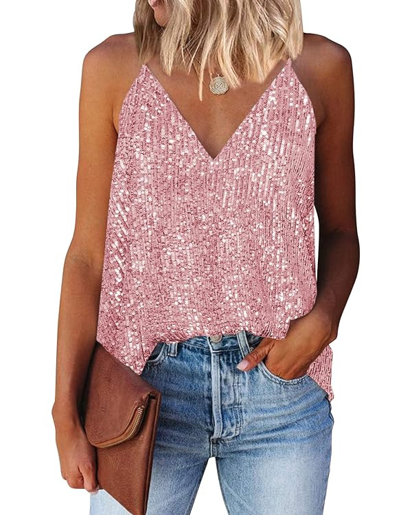 miduo Womens Tank Tops Casual Fashion V Neck Strappy Sequin Sparkle Shimmer Camisole Sleeveless T... | Amazon (US)