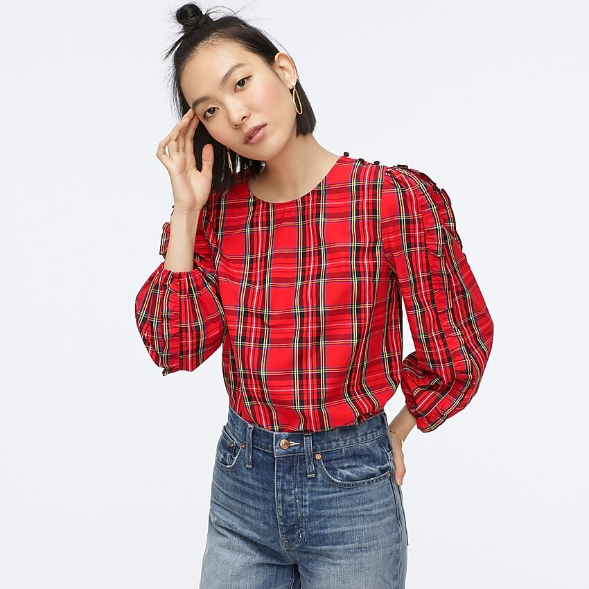 Ruffle-sleeve top in red Stewart tartan | J. Crew US