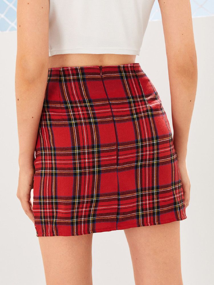 Plaid High-Rise Slit Mini Skirt | SHEIN